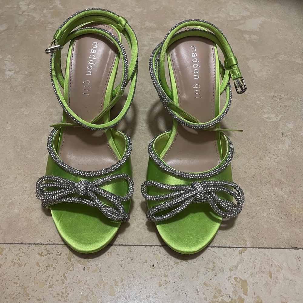 Madden Girl Lime Satin Sandals with Silver Details